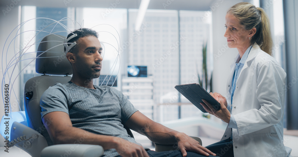 Aufkleber In an Advanced Laboratory: Doctor Utilizing Advanced Brain Scanning Technology to Diagnose and Treat Neural Disorders, Enhancing Cognitive Function. Patient Wearing Headset for a High-tech Scan