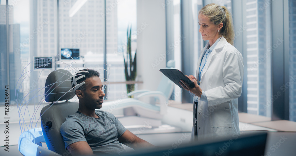 Poster Doctors in a Futuristic Lab Use Advanced Technology to Scan a Patient's Brain, Analyzing Data on High-tech Monitors. Patient, Connected to a High-Tech Device
