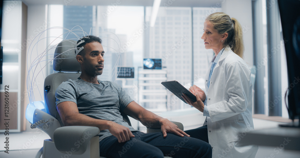 Poster futuristic laboratory: doctor monitors a patient's brain scan using advanced neuroimaging technology