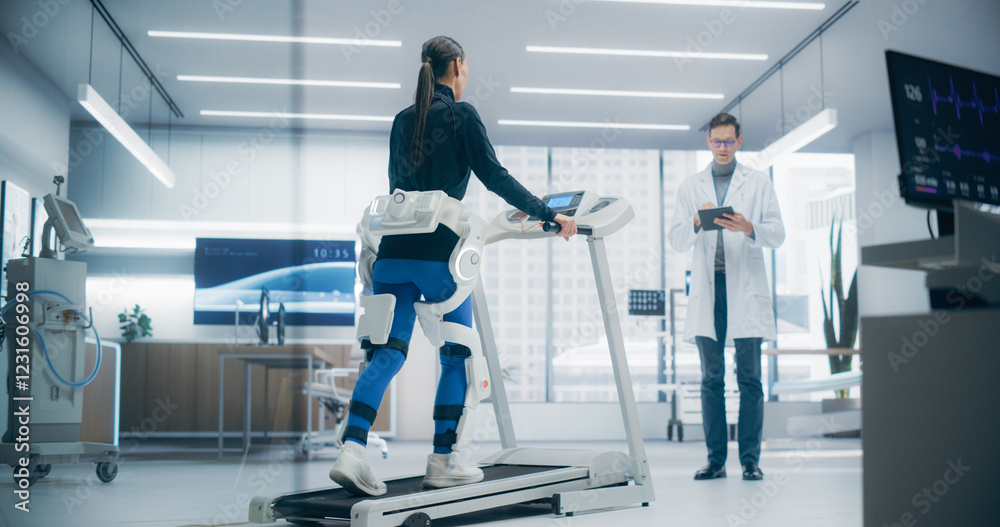 Poster advanced physical rehabilitation in a futuristic medical lab using an exosuit on a treadmill, monito