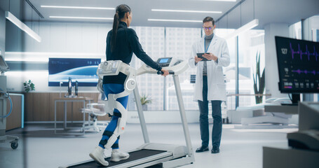 Advanced Physical Rehabilitation in a Futuristic Medical Lab Using an Exosuit on a Treadmill,...