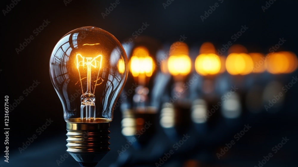 Poster a row of glowing light bulbs, showcasing intricate filaments, creates a warm and inviting atmosphere