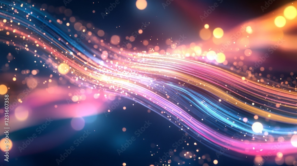 Fototapete A colorful abstract design featuring flowing lines and glowing particles, creating a vibrant and dynamic visual experience.