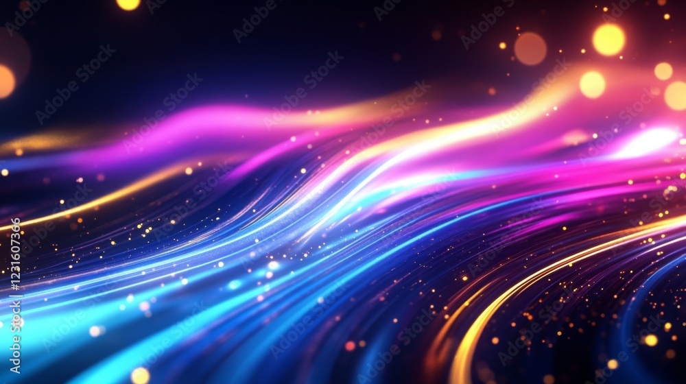 Poster a vibrant abstract image featuring colorful waves of light in shades of pink, blue, and purple, crea