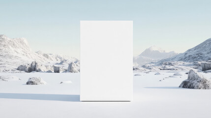 Blank signpost in a snowy mountainous landscape. Minimalist winter scene.