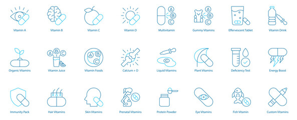 Essential Wellness and Immunity Vector Icon Set – Vitamin A, B, C, D, Organic and Custom Formulas, Juice and Foods, Calcium plus D, Immunity Pack, Hair and Skin Vitamins, Prenatal and Senior Care 