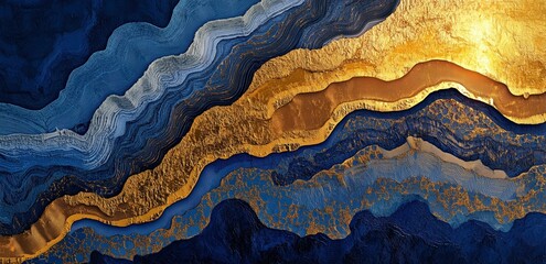 Abstract Layers of Blue and Gold: A mesmerizing abstract art piece featuring a layered composition of blue and gold hues. The interplay of color.
