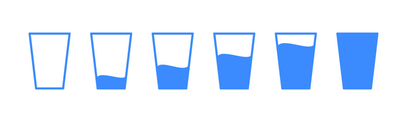 Water glass icon vector set in blue flat outline. Full and empty water glass. Tall milk drink glass line pictogram. Cup water icon symbol. Glass of drink water symbol. Vector illustration.