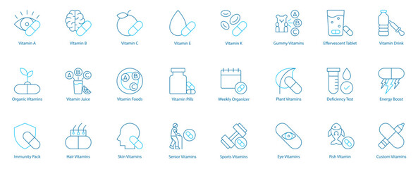 Comprehensive Vitamin and Supplement Vector Icon Set – Vitamin A, B, C, E, K, Organic and Custom Supplements, Immunity Pack, Juice and Foods, Hair and Skin Care, Pills, Weekly Organizer 
