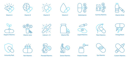 Daily Nutrition and Energy Boost Vector Icon Set – Vitamin A, B, D, E, Multivitamin, Gummy Vitamins, Vitamin Drink, Organic and Plant-Based Supplements, Juice and Foods, Calcium plus D, Pills 
