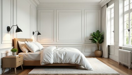 Crisp white walls, aged wooden floors, luxury bedroom , design, whitewalls