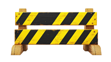 A wooden barrier with black and yellow stripes stands ready for use, isolated on a transparent background, png, alpha