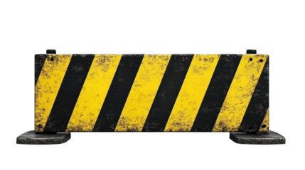 Sturdy black and yellow caution barrier at a construction site, isolated on a transparent background, png, alpha