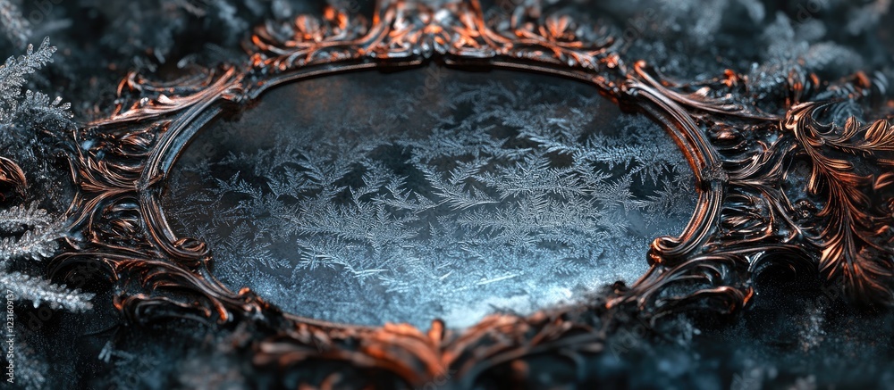 Sticker intricate frost patterns on a shiny mirror highlighted by deep blue hues and ornate bronze frame ami