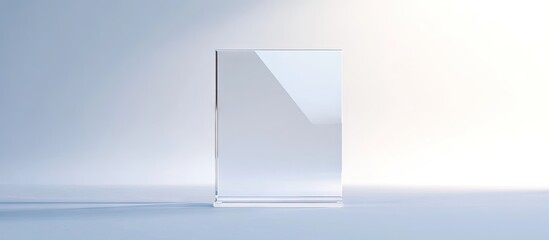 Elegant glass plaque with a sleek frame and stand on a minimalist clean white background, highlighting its clarity and modern design aesthetics.