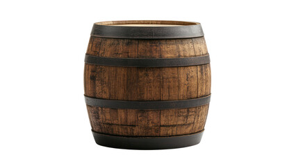 Classic wooden barrel with metal accents ideal for rustic settings, isolated on a transparent background, png, alpha