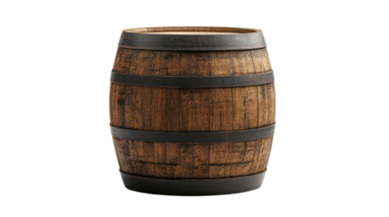 Classic wooden barrel with metal accents ideal for rustic settings, isolated on a transparent background, png, alpha
