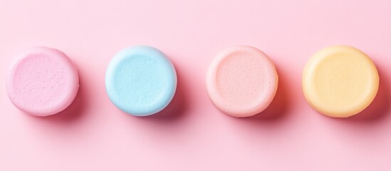 Pastel colored circular macarons in a row on a soft pink background, featuring blue, pink, and yellow hues, arranged evenly for a clean layout.