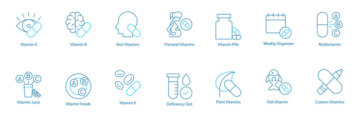 Complete Daily Vitamin and Supplement Vector Icon Set – Vitamin A, B, K, Juice and Foods, Skin and Prenatal Care, Pills, Weekly Organizer, Multivitamins, Deficiency Test, Plant-Based  vitamins