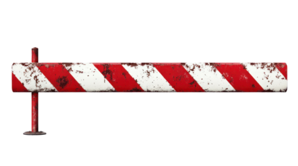 Rusty barrier with red and white stripes placed in a city area, isolated on a transparent background, png, alpha