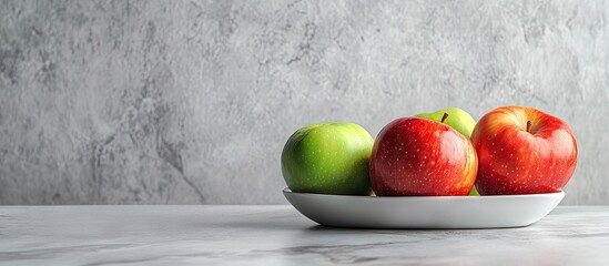 Vibrant red and green apples on a white plate against a textured grey background highlighting fresh, healthy food options for Autumn recipes