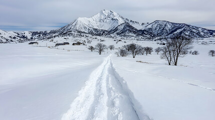 Fototapeta premium Snow-covered path leads to snowy mountain village