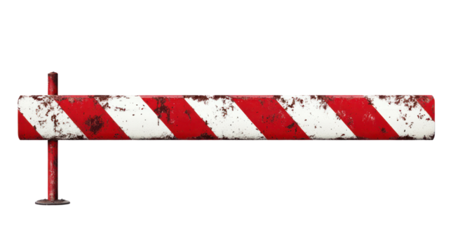 Rusty barrier with red and white stripes placed in a city area, isolated on a transparent background, png, alpha