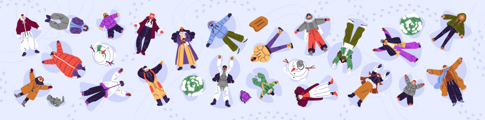 Happy people in outerwear lying on snowdrifts top view banner. Above of characters making snow angels outdoors on winter holidays. Men, women and kids have fun at Christmas. Flat vector illustration