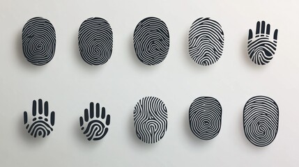 Set of black fingerprint icon logos in line art style on a clean white background