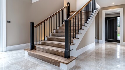 Interior staircase with wooden steps in hallway. Black door in background. Architecture