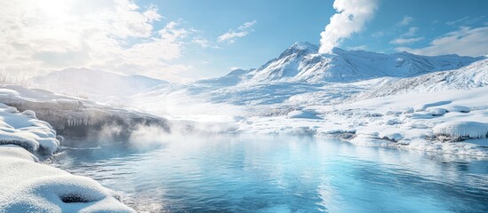 Fototapeta premium Winter landscape of geothermal hot springs with blue reflective water in foreground, steam rising against snow-covered mountains and serene sky.