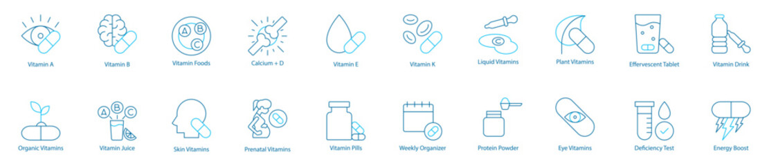 Daily Nutrition and Wellness Vector Icon Set – Vitamin A, B, C, D, E, K, Vitamin Foods, Calcium plus D, Liquid and Plant-Based Supplements, Effervescent Tablets, Organic Vitamins, Vitamin Juice 