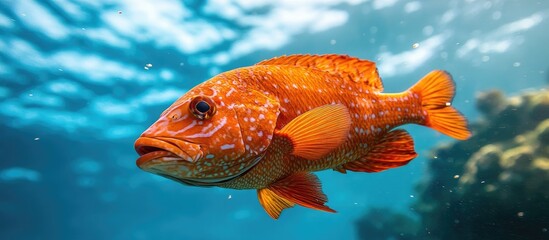 Obraz premium Vibrant underwater scene featuring a bright orange grouper with speckled patterns swimming in clear blue water among colorful marine life