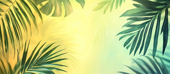 Obraz premium Geometric palm leaf silhouettes in varying sizes create an abstract frame on a vibrant yellow and light green gradient background.
