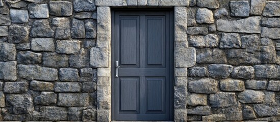 Grey wooden door framed by a rough textured granite stone wall in natural tones, showcasing a harmonious blend of stone and rustic architecture.