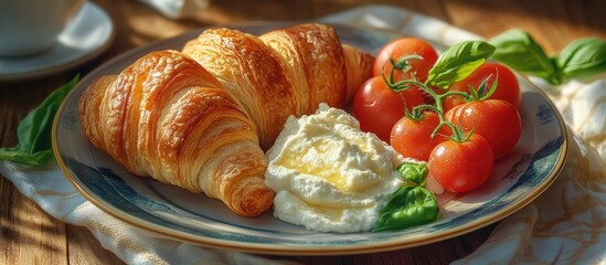 Flaky croissant with creamy ricotta cheese ripe cherry tomatoes and fresh basil arranged beautifully on a decorative plate with warm sunlight tones