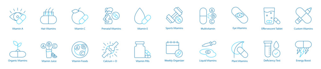 Vitamins and Dietary Supplements Vector Icon Set – Vitamin A, C, E, Multivitamin, Hair and Prenatal Care, Sports Nutrition, Eye Health, Effervescent Tablets, Custom and Organic Vitamins, Vitamin Juice