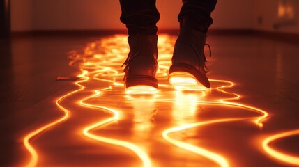 A glowing path formed by footsteps, each step leaving a luminous trace as the person walks across the floor