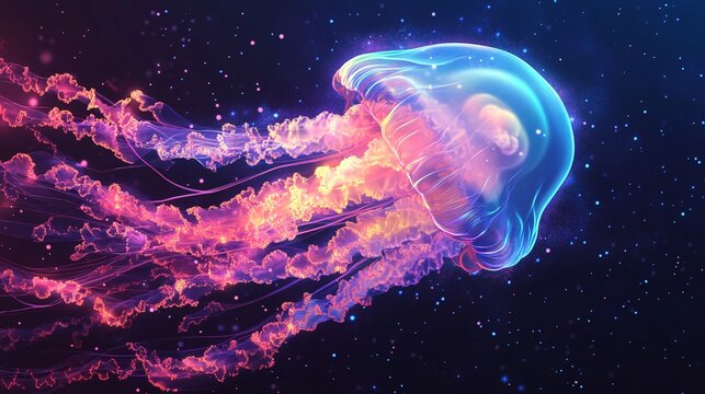 A vector illustration of a neon-glowing jellyfish skin texture with pulsating electric blue and pink hues.