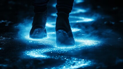 A glowing path of footprints left by a person walking in the darkness, with each step lighting up the surface beneath them 