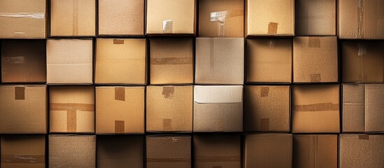 Stacked cardboard boxes in various brown shades create a textured wall, displaying multiple sizes and orientations in a well-lit composition.