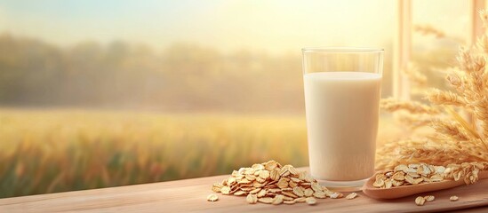 Nutritious breakfast scene featuring a tall glass of milk beside oat cereal and scattered oat grains on a wooden table with a soft focus background in warm tones