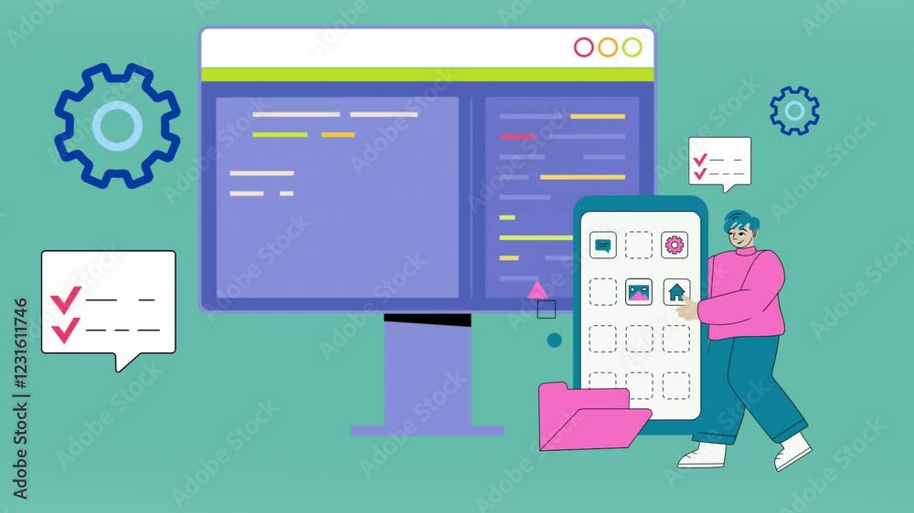 Wall mural 2d animation concept of software application development, mobile app interface design, coding and pr