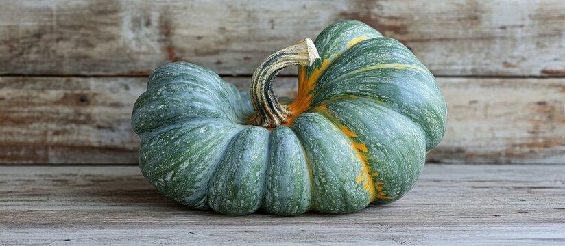 Detailed close-up of a green and yellow pumpkin with a twisted stem on a rustic wooden background showcasing natural textures and colors.