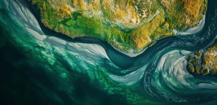 Aerial View of River Delta: A breathtaking aerial shot captures the mesmerizing turquoise and emerald swirls of a river delta as it meets the sea.