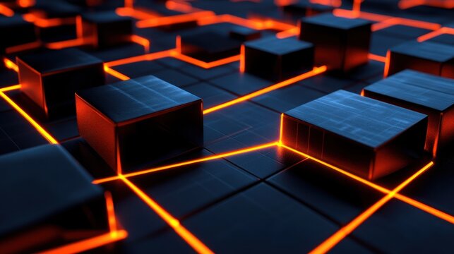 Fototapeta 3D Rendered grid of dark cubes connected by glowing orange lines, tech background for design