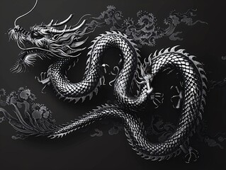 Obraz premium Metallic Dragon Sculpture, Asian Art, Dark Background, Mythical Creature, Design Element