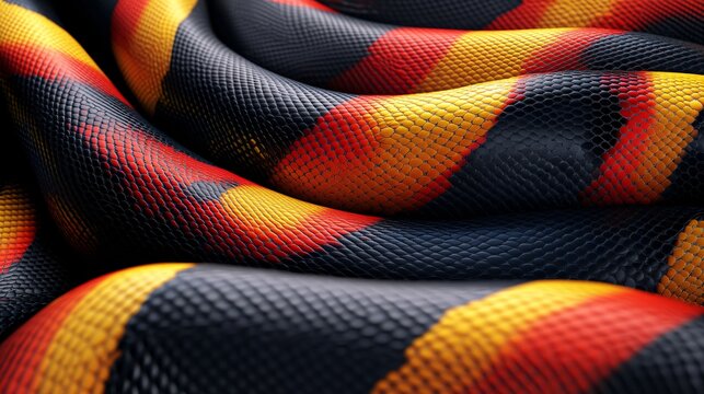 A vector illustration of a coral snake skin texture with exaggerated glowing red, yellow, and black stripes.