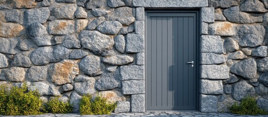 A grey door framed by a textured granite stone wall, complemented by green plants and a muted stone pathway, creating a harmonious natural aesthetic.