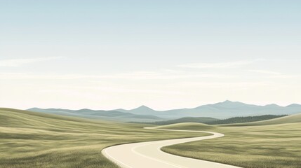 Fototapeta premium Winding road through serene grassy hills and distant mountains under a clear sky.